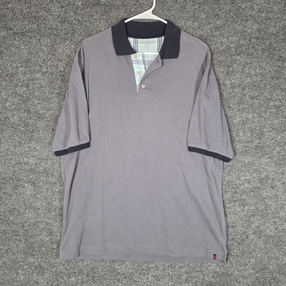 Woolrich Mens Polo Shirt Large Gray Black Plaid Trim Cotton Pique Short Sleeve L